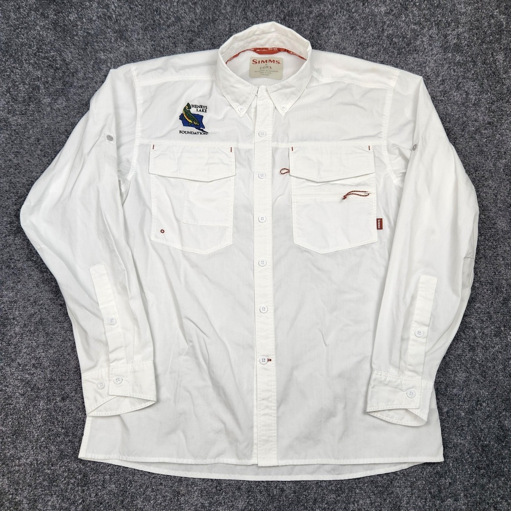 Simms Shirt Mens Medium White Henrys Lake Foundation Fishing Core3 Logo Outdoors